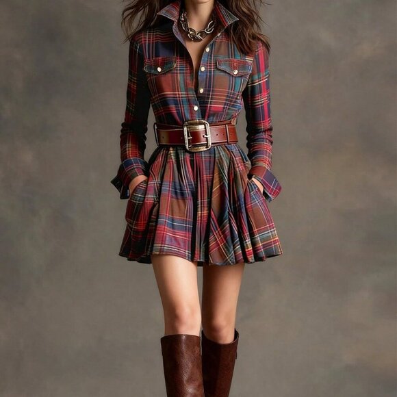 Dresses & Skirts - Brown Elegant Women's Plaid Shirt Dress with Cinched Waist